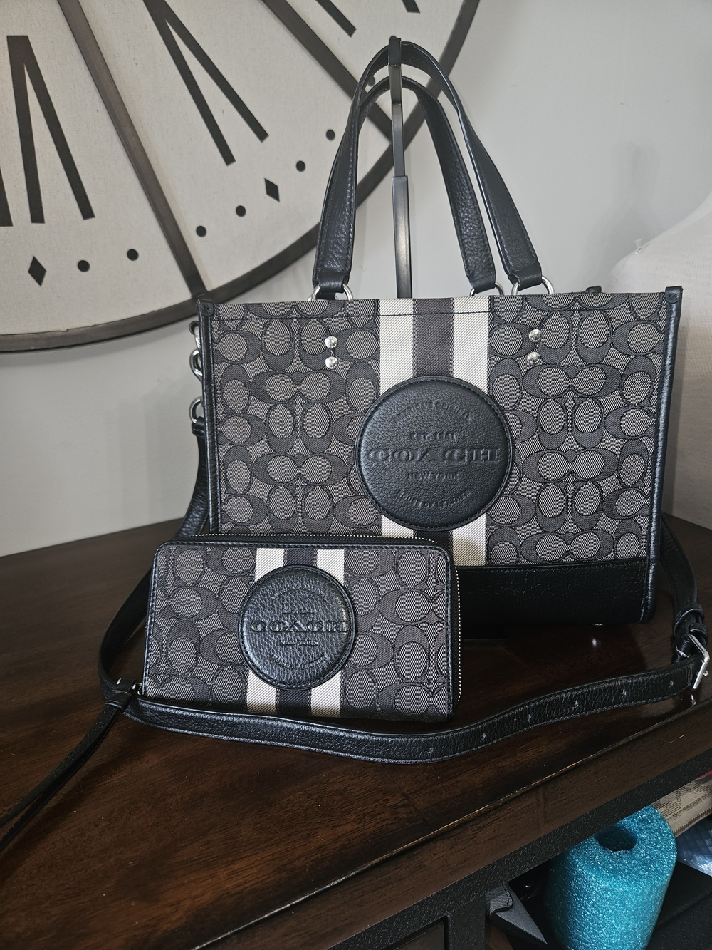 Coach Dempsey Signature Canvas Tote and Wallet Set in Black/Gray